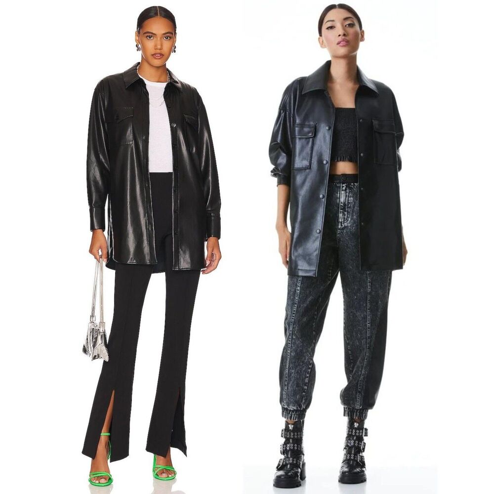 Alice Olivia Shacket Vegan Leather Oversized Button Down Black Size M